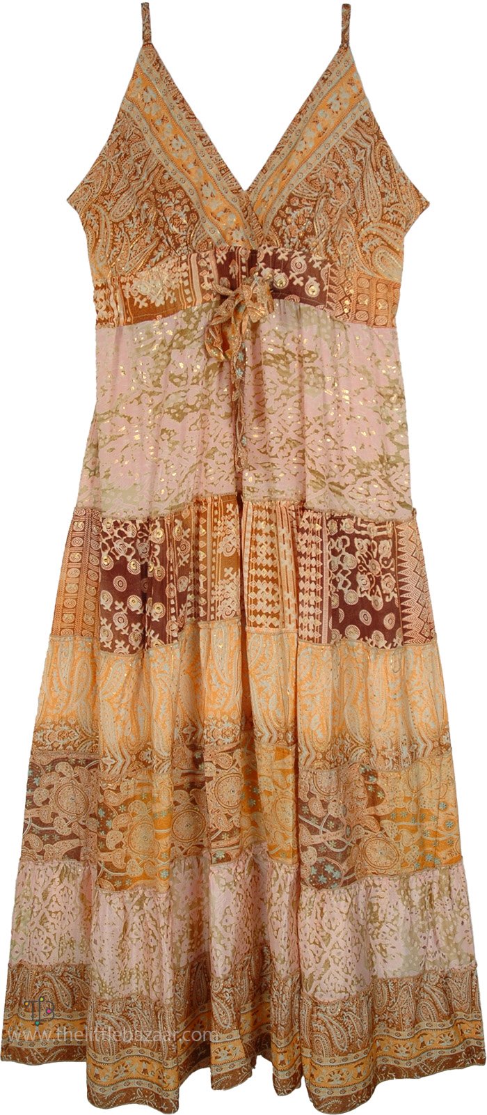 Golden Sunset Tiered Patchwork Maxi Dress
