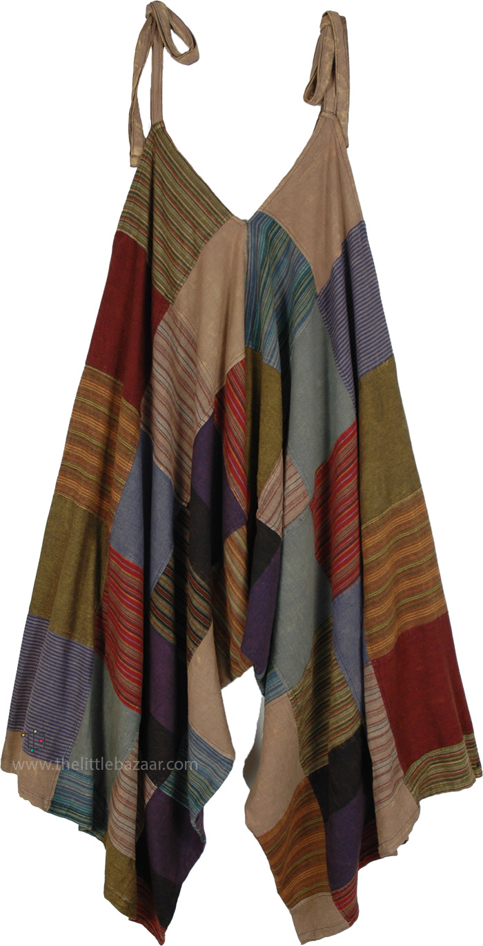 Boho Earth Tone Patch Jumpsuit with Pockets