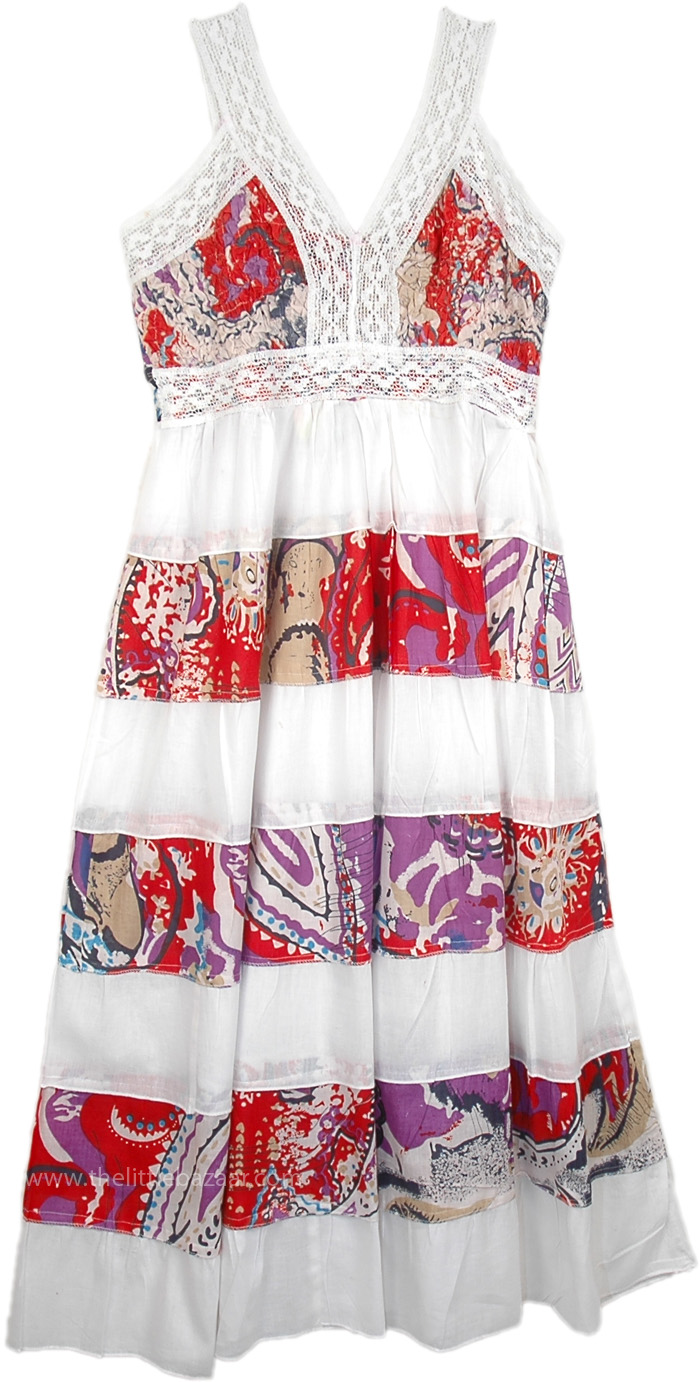 Tiered Printed Long Cotton White Dress