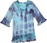 Blue Tie Dye Top Blouse Tunic with Crochet Lace