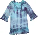 Blue Tie Dye Top Blouse Tunic with Crochet Lace