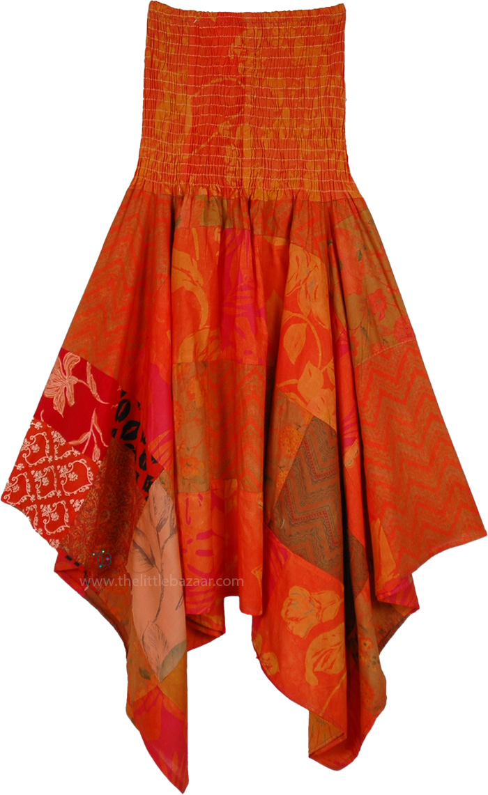 Tangerine Mosaic Handkerchief Hem Cotton Dress