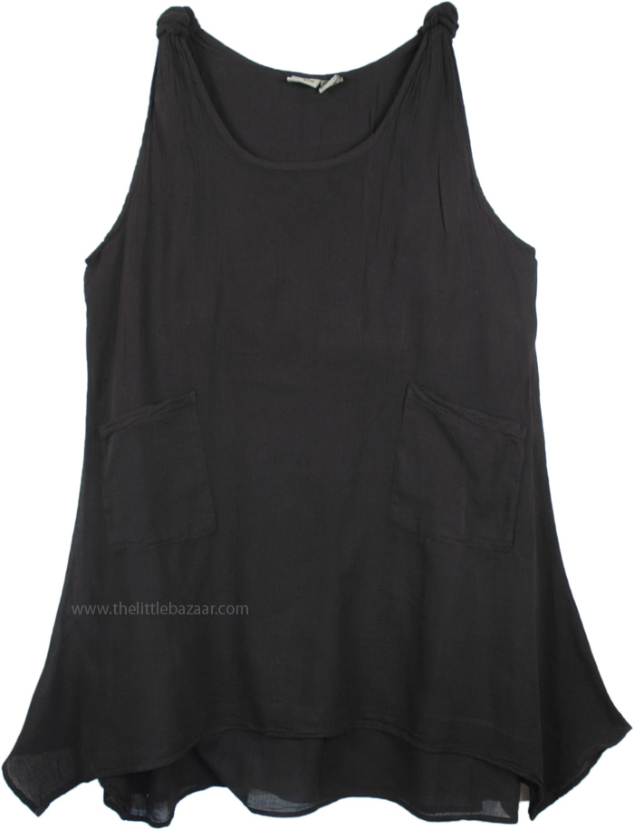 Midnight Black Asymmetrical Hem Tank Style Summer Dress