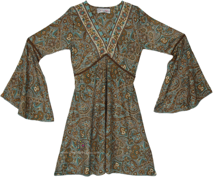 Earthy Divine Short Dress with Bell Sleeves | Dresses | Green