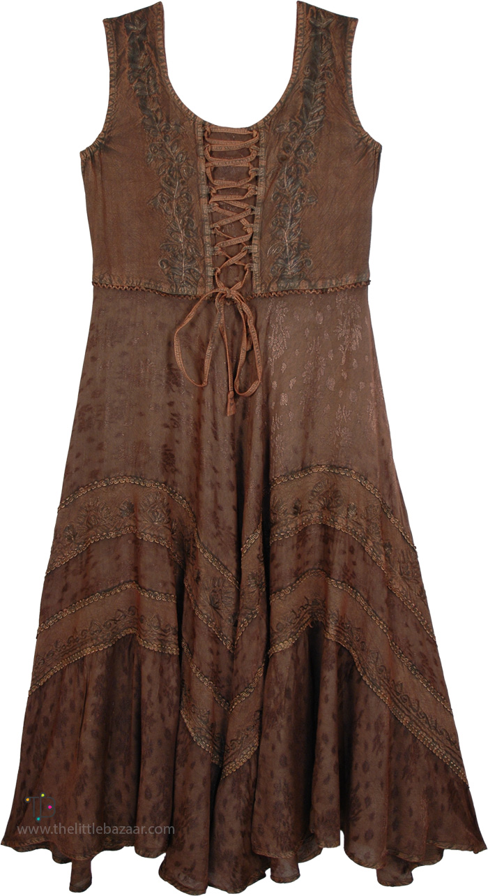 Chocolate Ember Embroidered Midi Western Dress