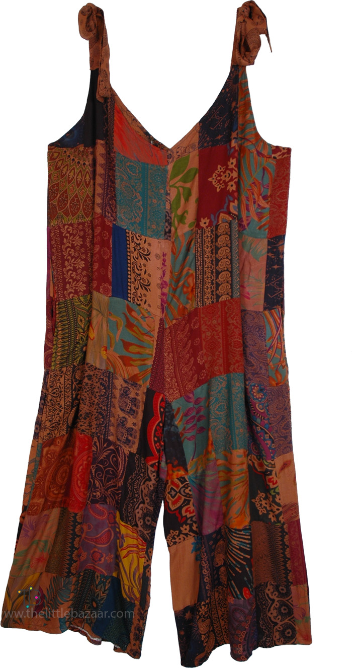 Burgundy Patchwork Wide Leg Style Boho Jumpsuit