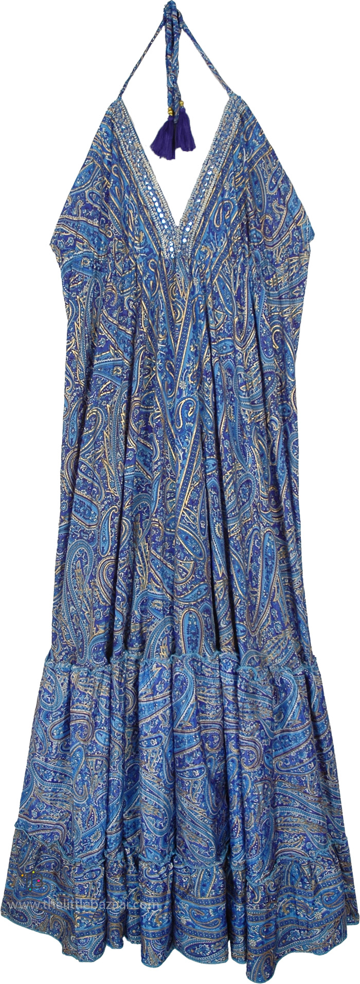 Azure Gold Symphony Halter Neck Maxi Dress