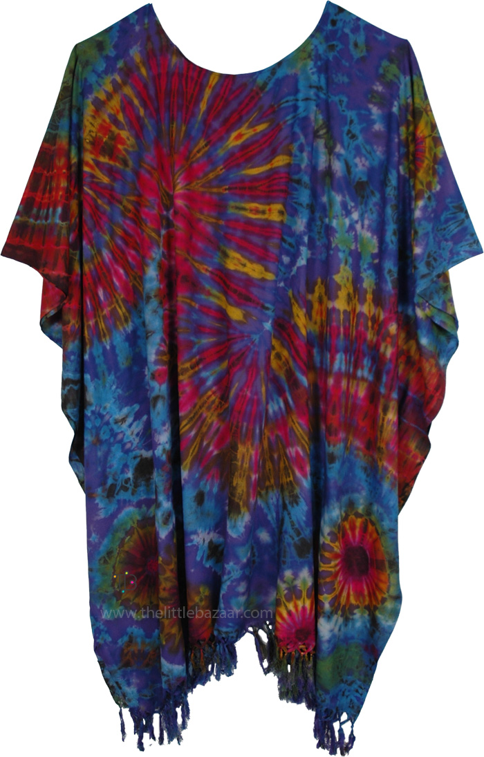 Electric Blue Burst Tie Dye Midi Poncho Dress