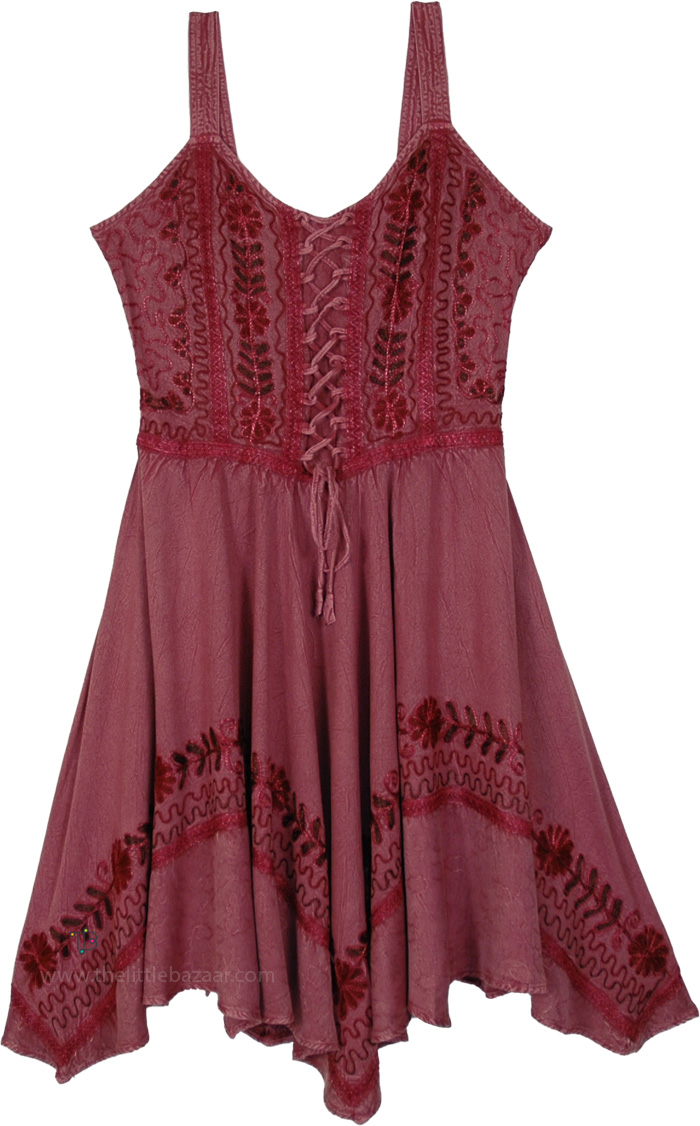 Deep Rose Embroidered Flared Knee Length Dress