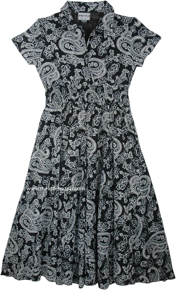 Black White Paisley Printed Cotton Maxi Shirt Dress