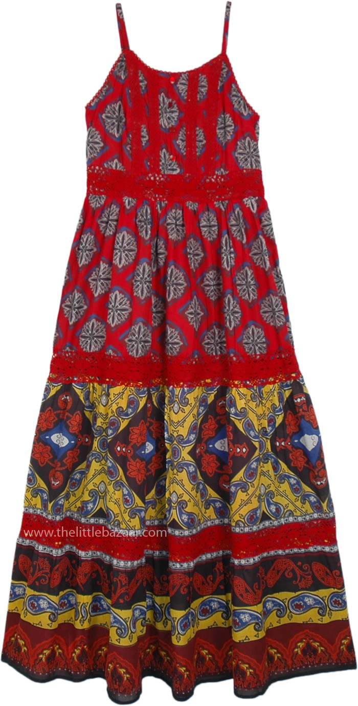 Lovely Red Printed Sleeveless Cotton Hippie Summer Dress