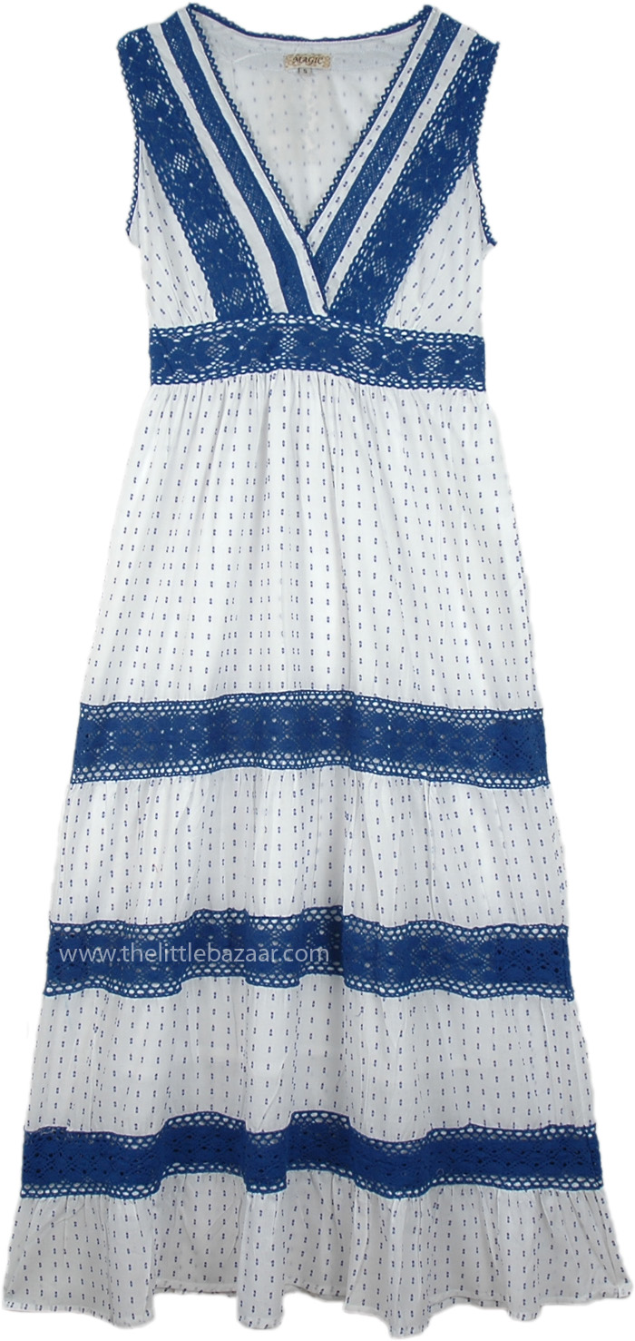 White and Blue Boho Cotton Long Summer Dress