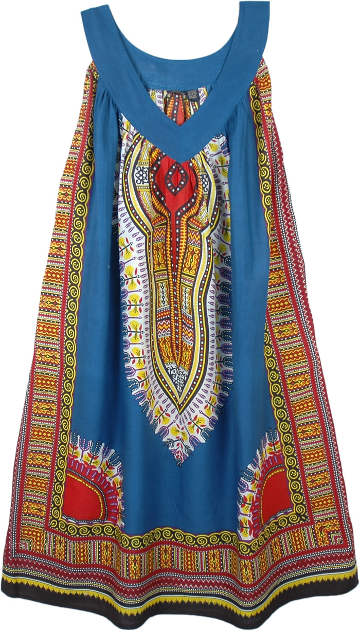 Mariner Blue Cotton Dashiki Sundress with Pockets