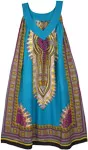 Cotton Dashiki Print Parrot Aqua Blue Sundress with Pockets