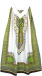 White Cotton Dashiki Sundress in Green Print with Pockets