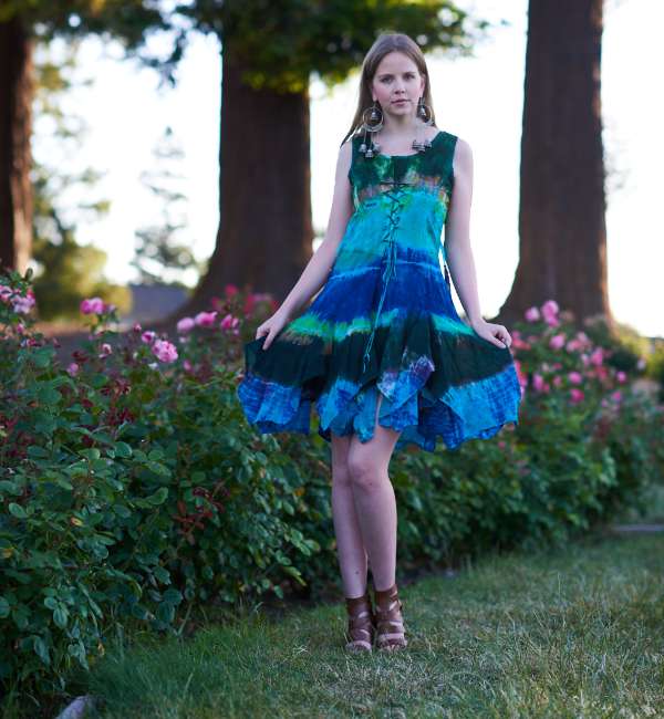 Tonal Blues Tie Dye Short Sleeveless Boho Dress