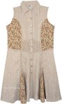 Bisque Beige Embroidered Sleeveless Buttoned Shirt Dress