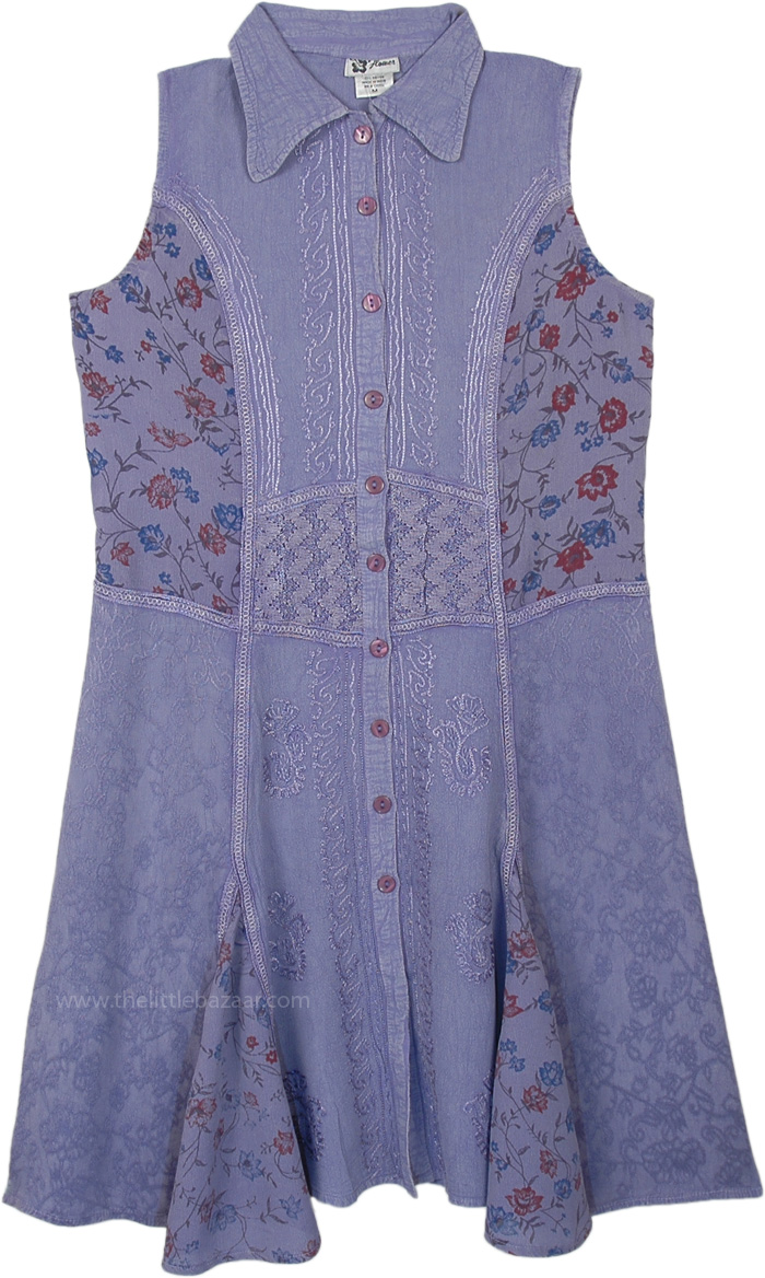 Dream Lavender Sleeveless Buttoned Dress with Embroidery