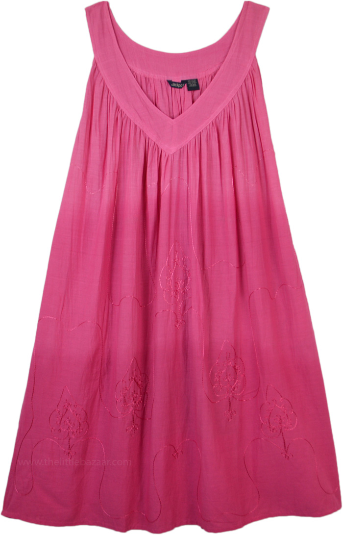 Bright Pink Ombre Sleeveless Cotton Dress with Embroidery