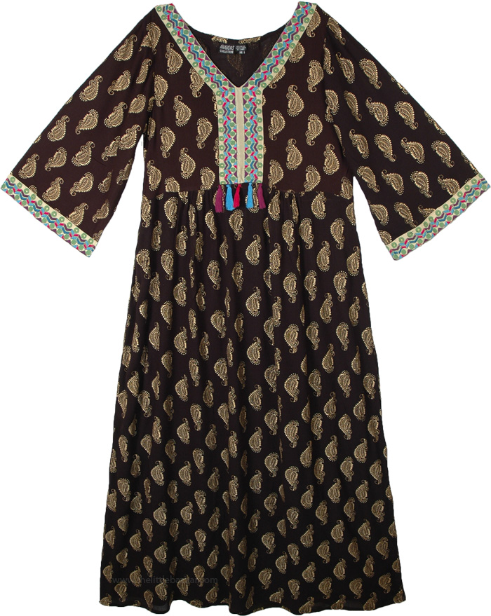 Black and Gold Paisley Printed Maxi Dress Tasseled Neck | Dresses ...