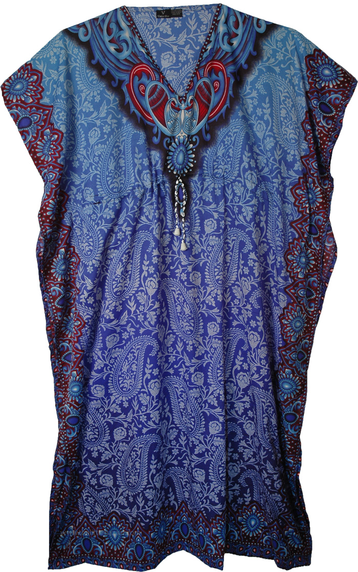 Blue Polyester Kaftan Dress with Paisley Print