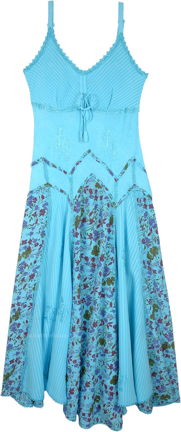 Aqua Blue Western Dress with Vertical Floral Panels