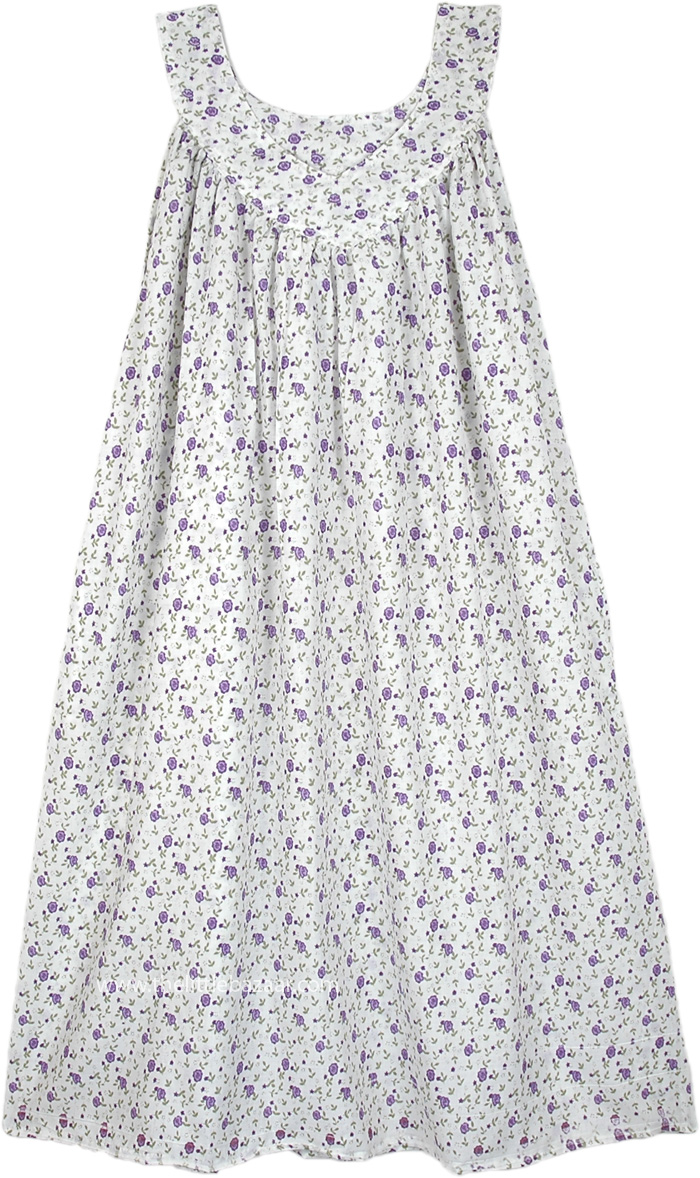 Purple Flowers Printed White Cotton Nightdress with Pockets