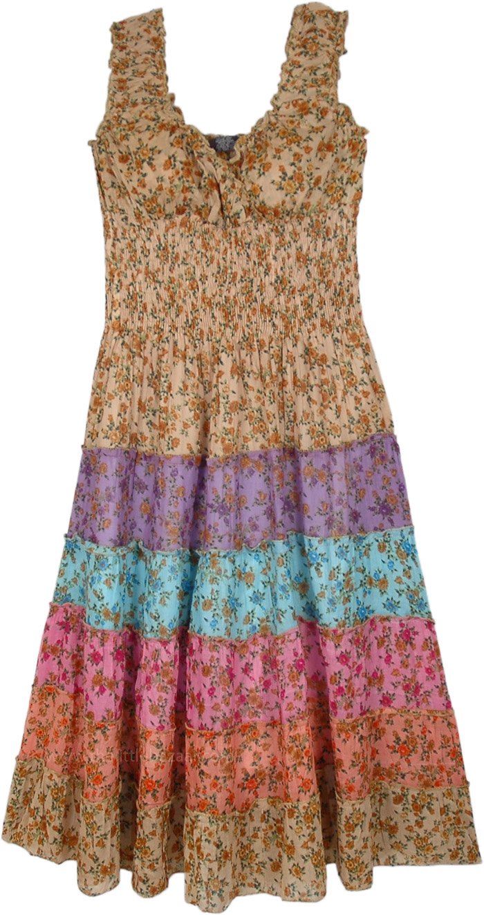 Smocked Waist Floral Print Sleeveless Cotton Midi Dress
