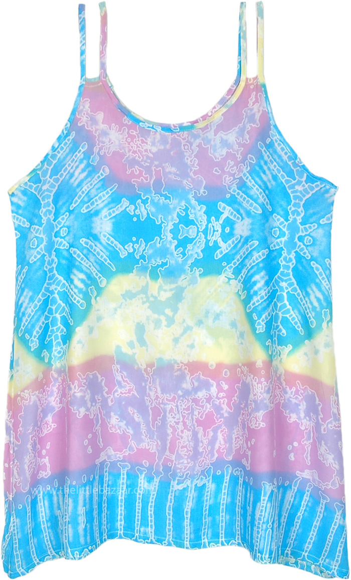Printed Tie Dye Beach Vacay Double String Short Dress Dresses Blue Sleeveless, Vacation