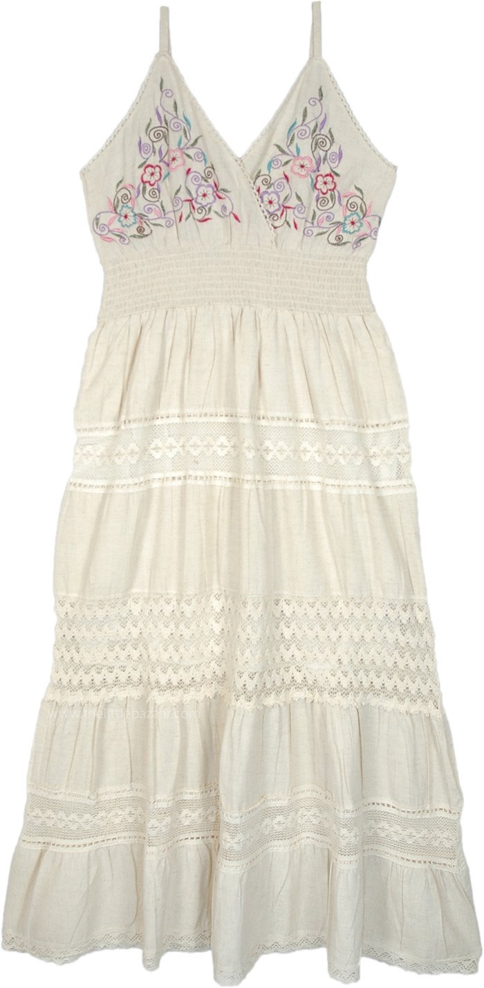 Natural Cotton Dress with Smocked Waist and Lace Tiers