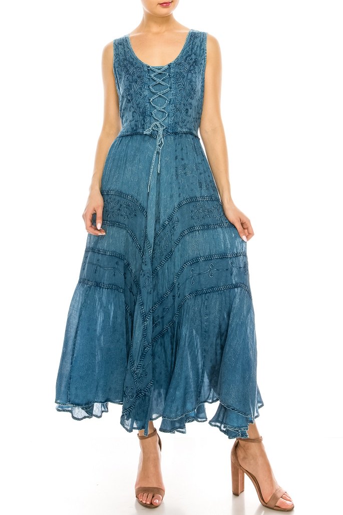 Denim Blue Rayon Long Tank Dress with Heavy Embroidery