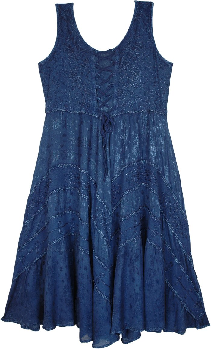 Denim Blue Rayon Long Tank Dress with Heavy Embroidery