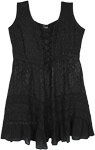 Black Embroidered Front Lace Short Peasant Tiered Dress