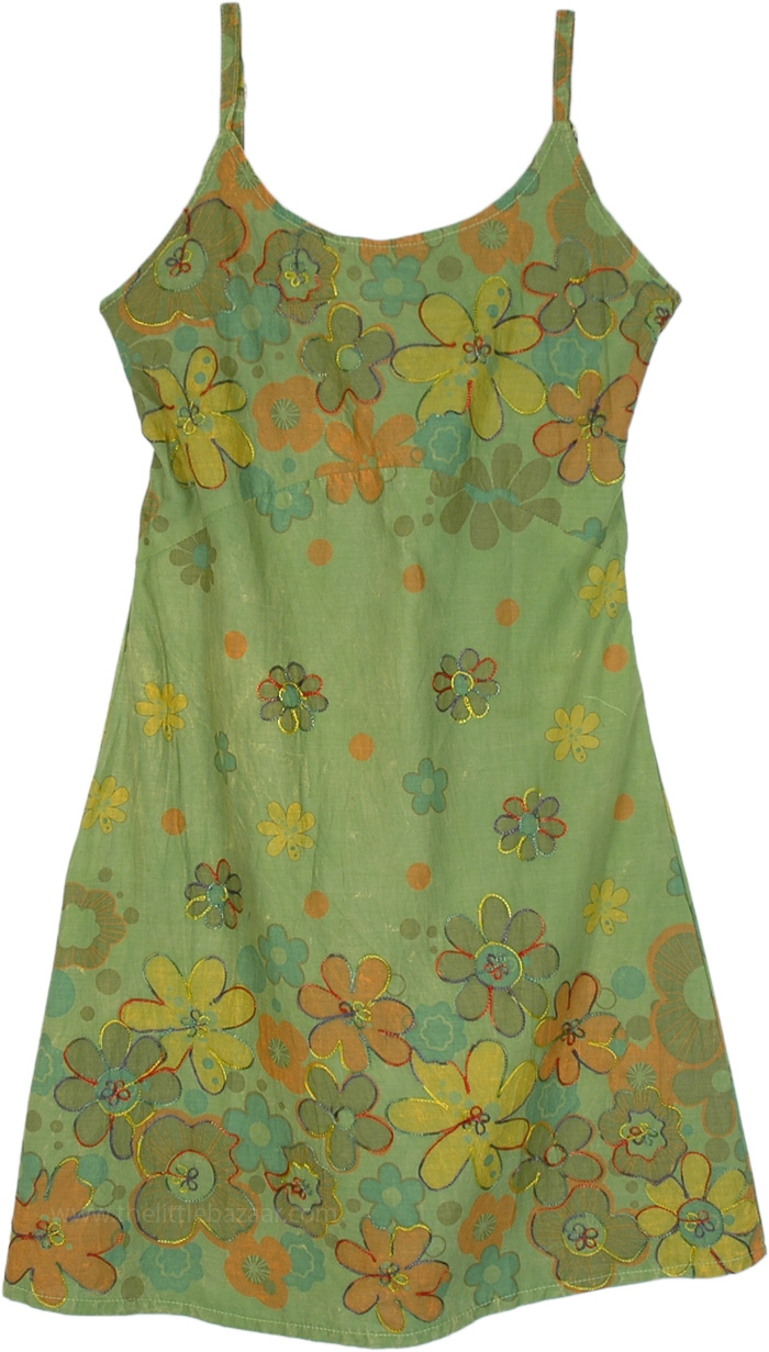 Herbs Green Floral Printed Summer Cotton Dress with Embroidery