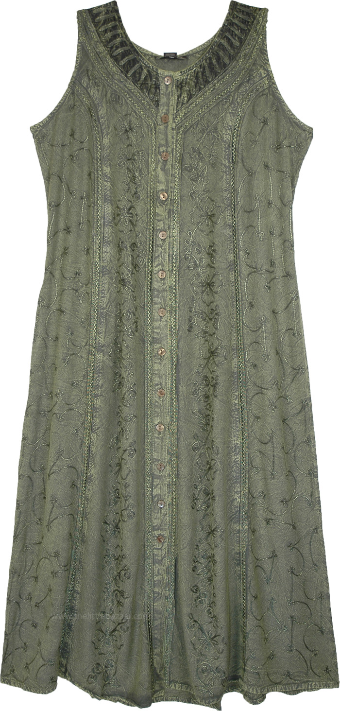 Jade Wonderland Rayon Maxi Dress with Floral Embroidery