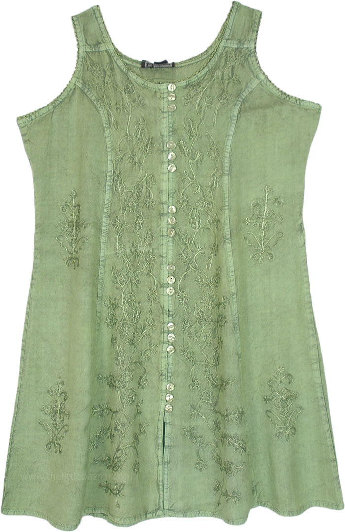 Swiss Grass Green Buttoned Mini Dress with Floral Embroidery