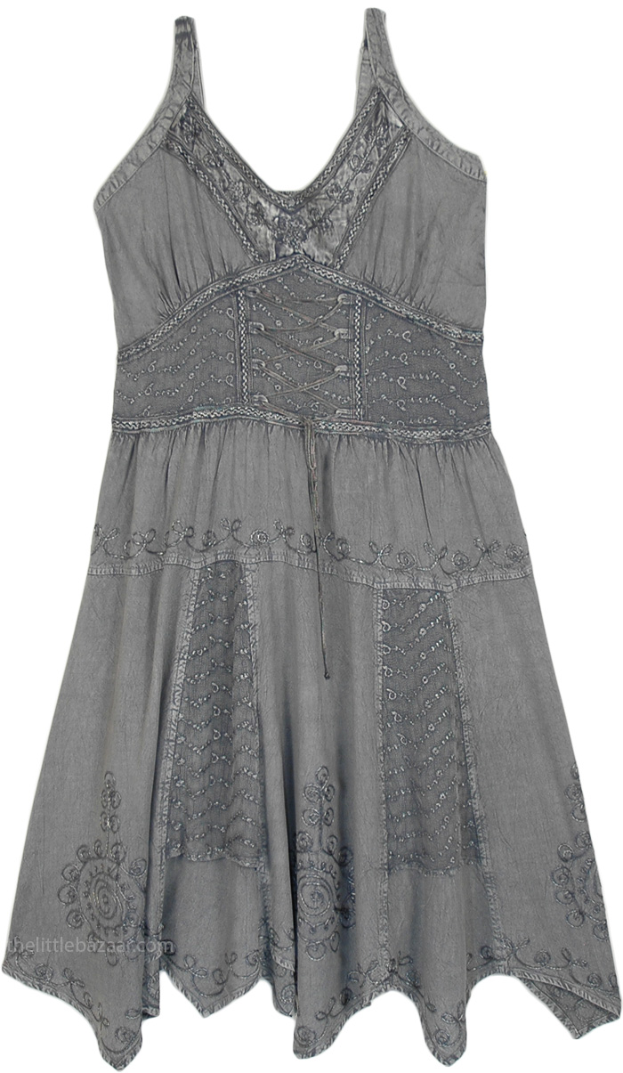 Stone Castle Long Medieval Denim Dress with Heavy Embroidery