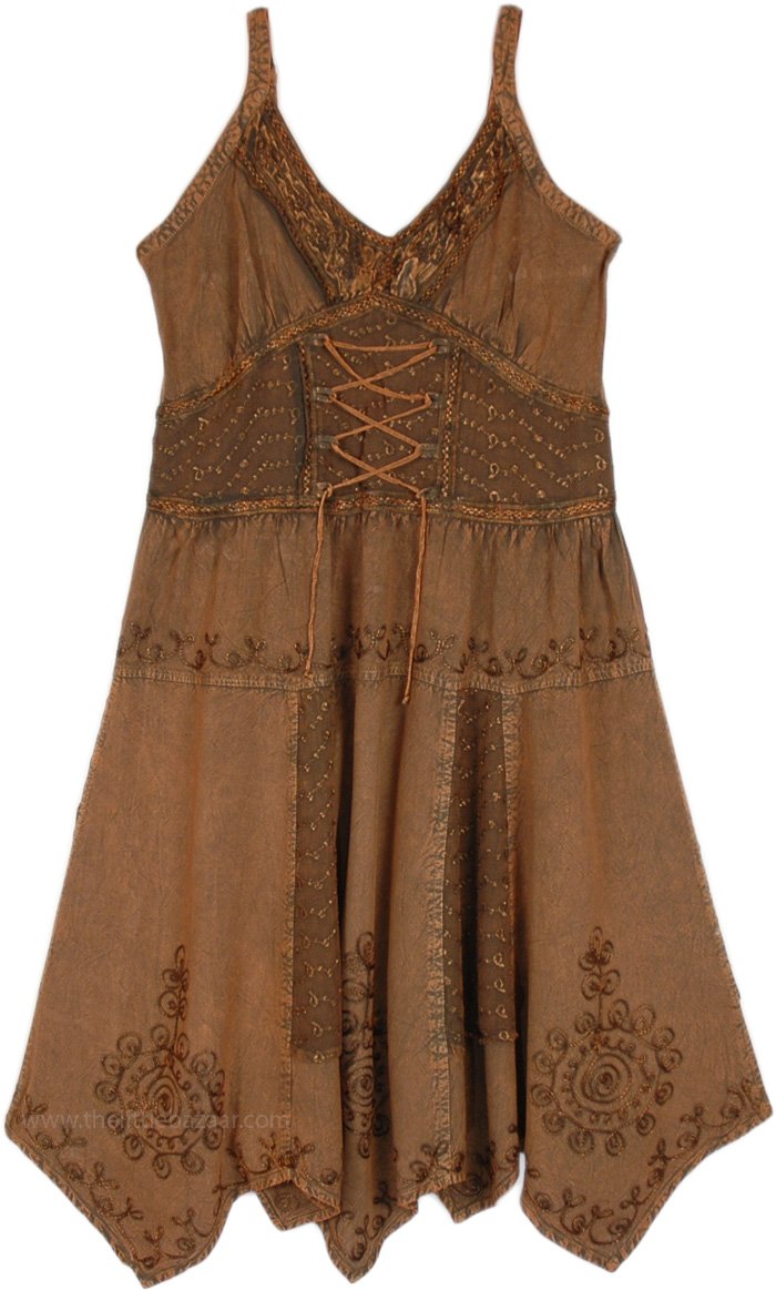 Copper Bohemian Long Dress with Embroidery and Smocked Back