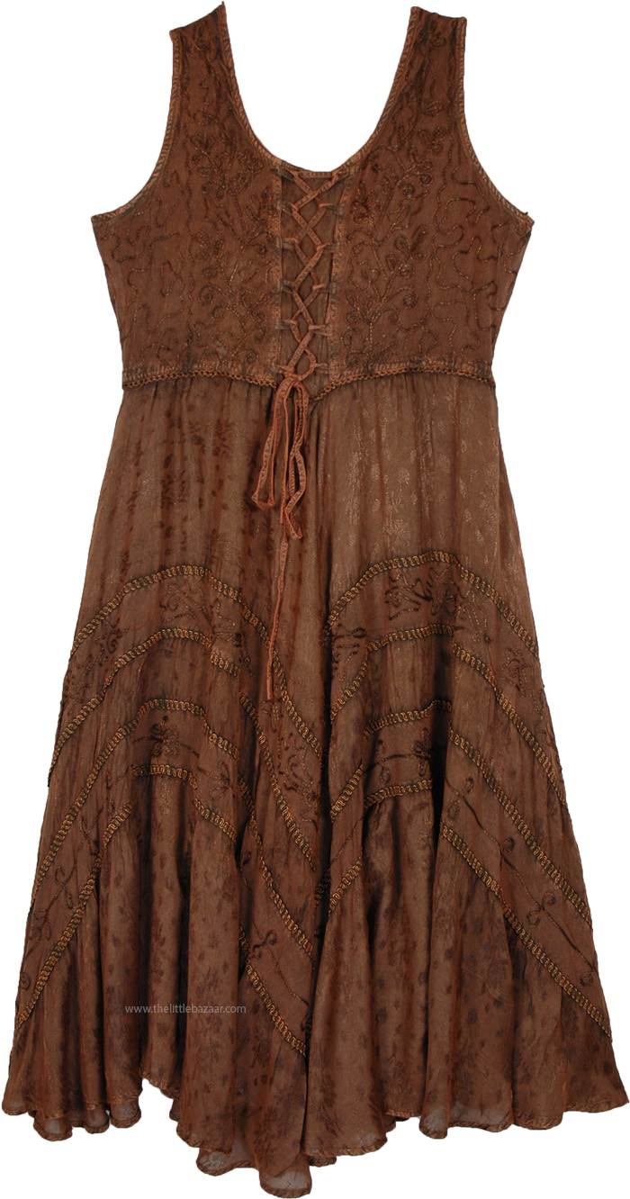Cinnamon Coffee Boho Tank Dress with Embroidery