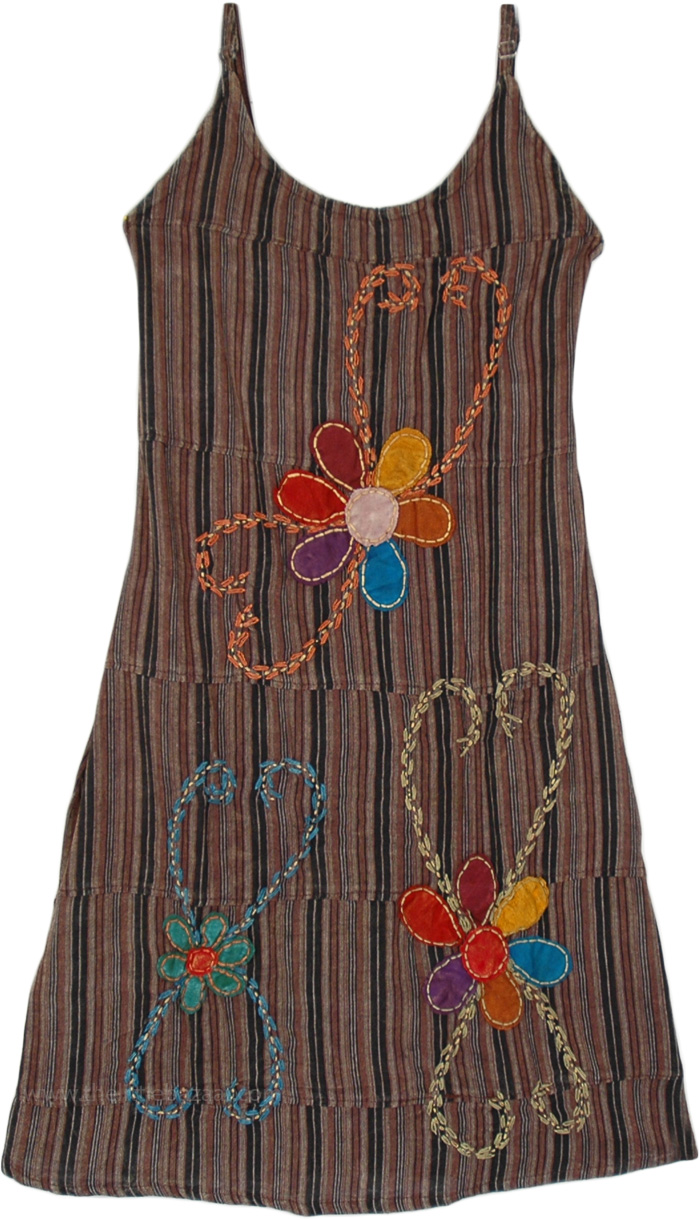 Floral Mahogany Striped Summer Cotton Dress with Embroidery