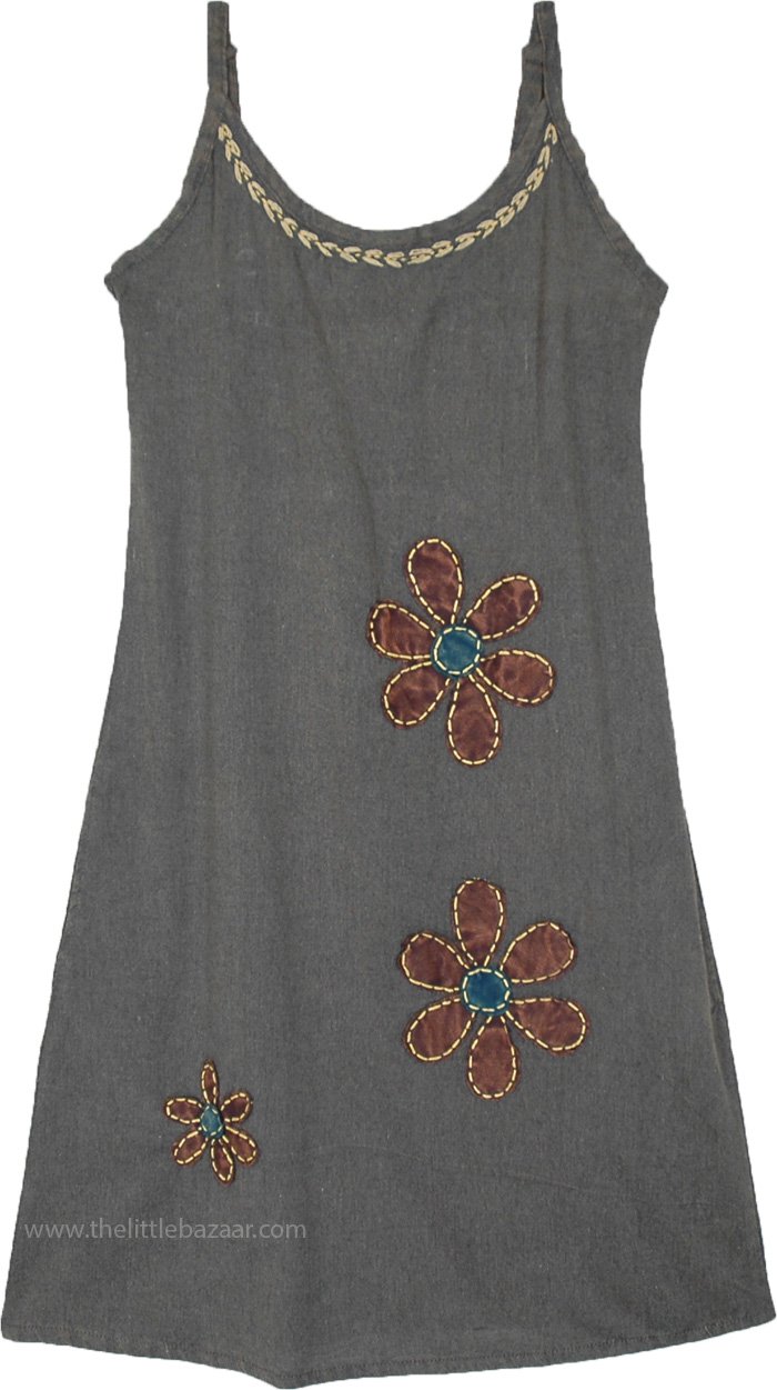 Stormy Skies Summer Dress with Floral Embroidery