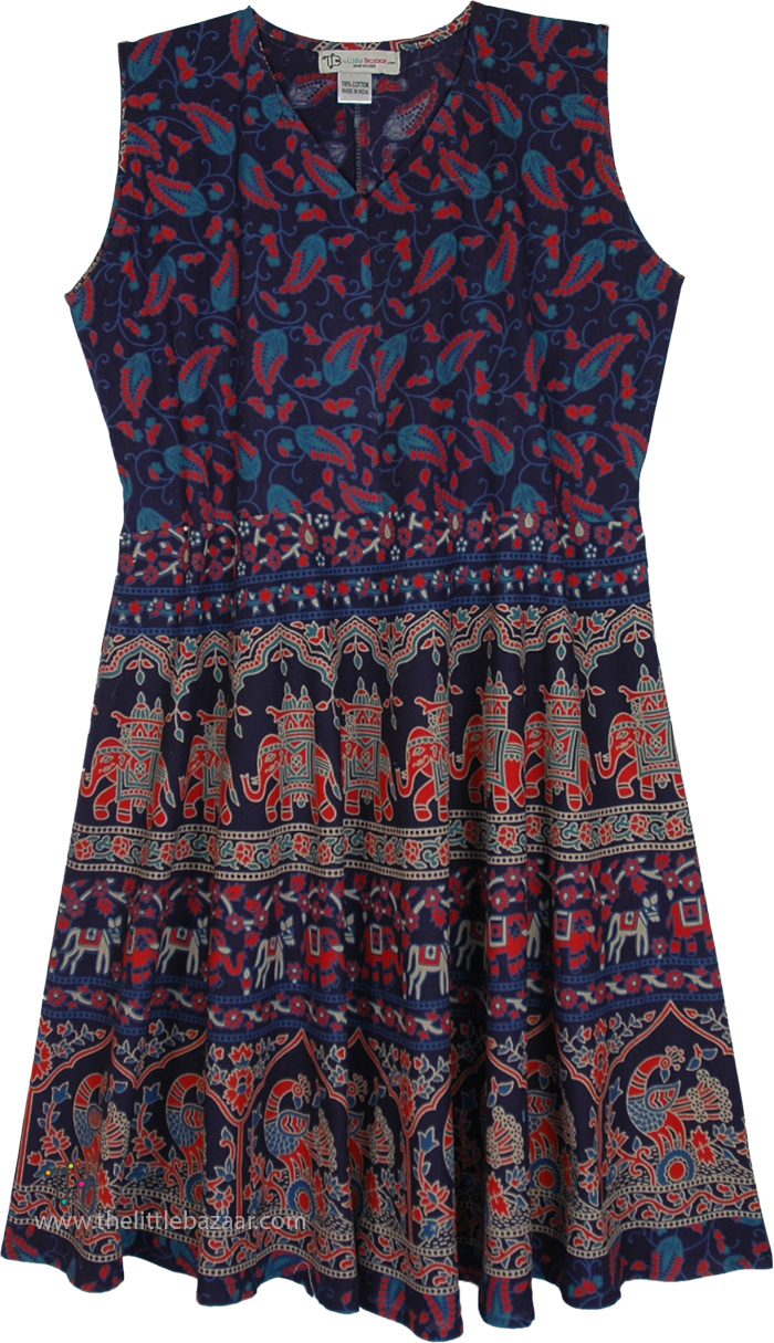 Elephant Trail Cotton Block Print Mid Length Dress