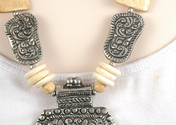 Ivory Tone and Metal Tribal Boho Necklace