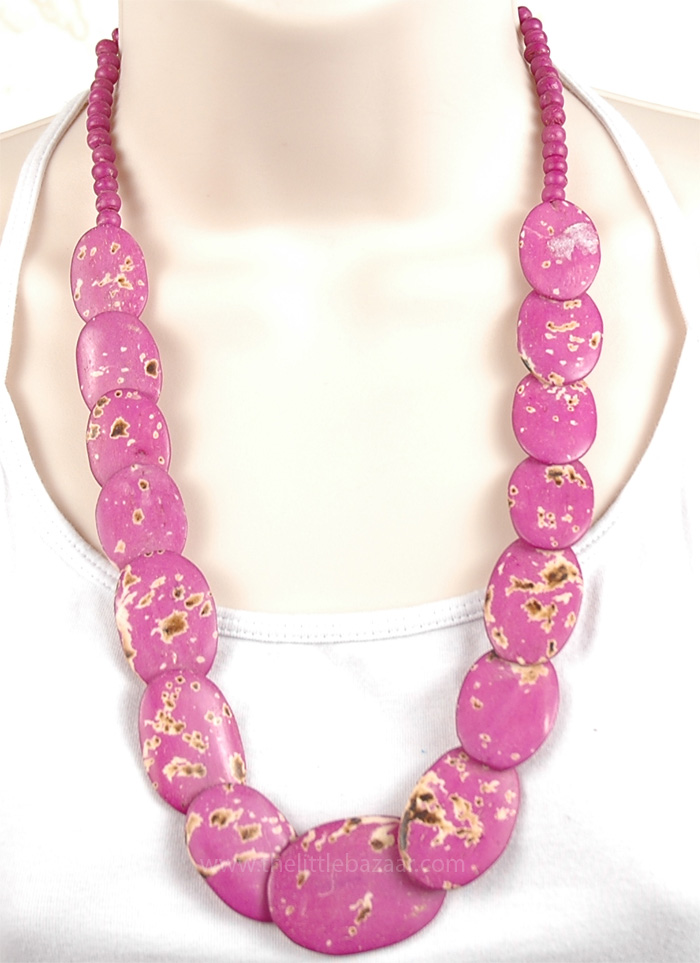 Purple Artificial Jewelry Boho Necklace, Boho Necklace in Mulberry Purple Bone Discs