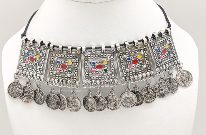 Drop Coin Choker Style Necklace with Color Accents, Ethnic Fusion Handmade German Oxidized Silver Coin Necklace