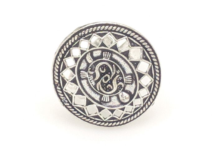 Oxidised Look Afghani Antique Silver Medallion Ring, Silver Black Tone Embossed Gypsy Finger Ring