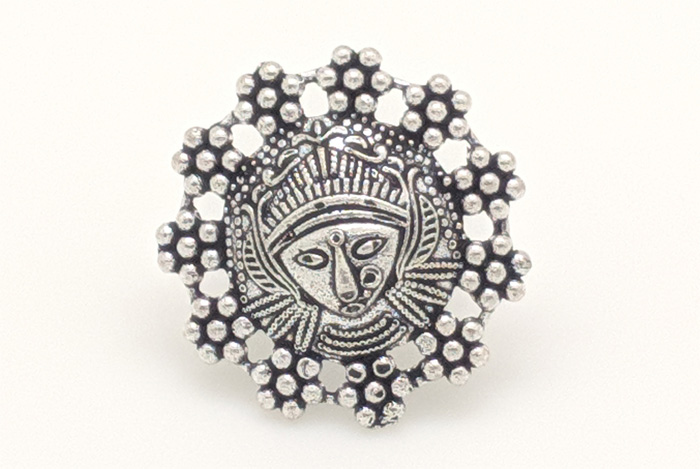 Oxidised Silver Indian Goddess Kali Ring, Protector Goddess Embossed Tribal Finger Ring
