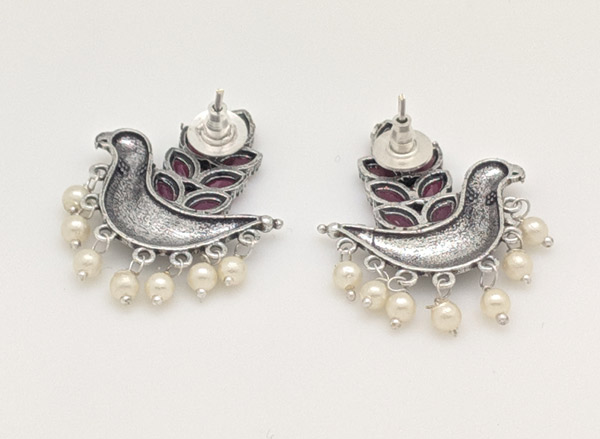 Ruby Pink and Pearl Earrings with Bird Design