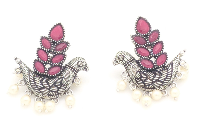 Multicolor Bird Earrings in Silver, Ruby Pink and Pearl Earrings with Bird Design