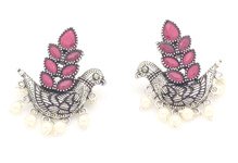 Ruby Pink and Pearl Earrings with Bird Design